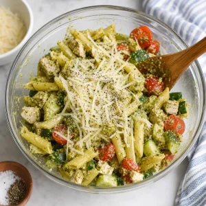 Parmesan wird mit Salz und Pfeffer unter Pesto-Huhn-Pasta-Salat gehoben