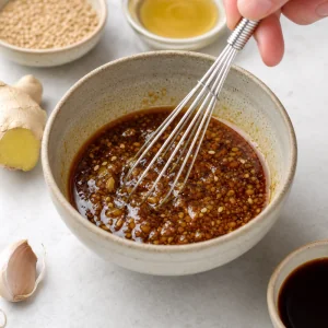 Sesame soy dressing whisked with ginger and garlic