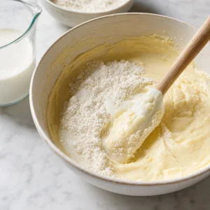 Ingredients secs et lait incorpores dans une pate vanille pale et lisse