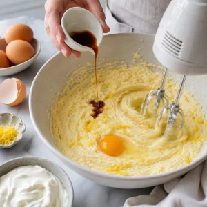 Oeufs, vanille et zeste de citron melanges dans une pate vanille pale avec du yaourt grec a cote