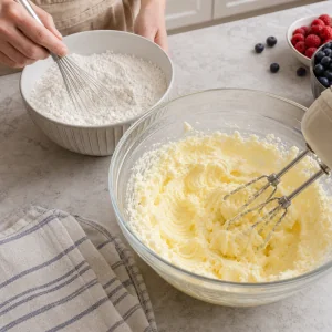 Melange de farine sans gluten fouette a cote du beurre et du sucre cremes jusqu a etre mousseux