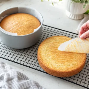 Couches de gateau vanille dorees refroidissant sur une grille avec le papier cuisson retire