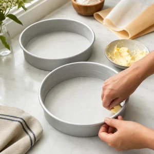 Deux moules ronds chemises de papier cuisson et legerement graisses pour un gateau vanille a etages