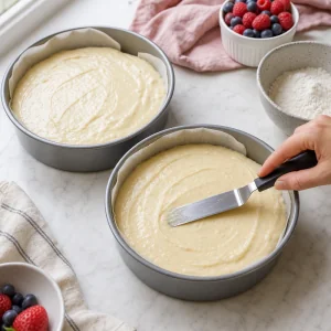 Pate a gateau vanille repartie dans deux moules prepares et lissee avec une spatule coudee