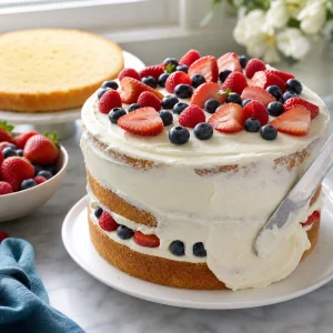 Gateau vanille a etages glace de creme et garni de fraises myrtilles et framboises