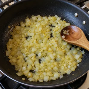 Cebola em cubos e alho picado refogados em oleo ate amaciarem