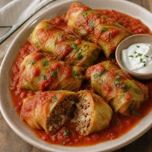 Golabki prontos em molho de tomate com salsa e creme azedo