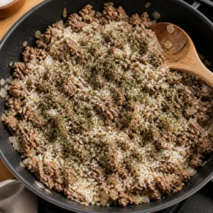 Arroz sal pimenta e endro seco misturados ao recheio de carne dourada