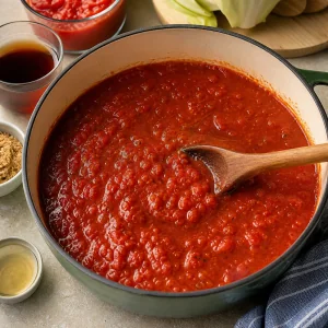 Molho de tomate tomates triturados caldo vinagre e acucar mascavo misturados