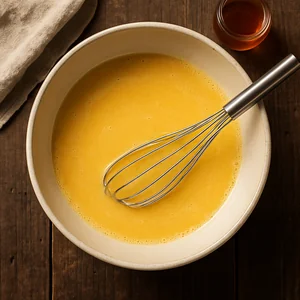 A bowl contains the whisked wet cornbread ingredients.