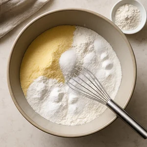 A bowl holds the cornbread dry ingredients mixed together.