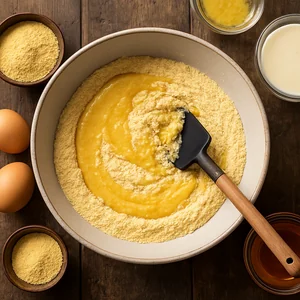 A spatula folds wet batter into the dry mixture.