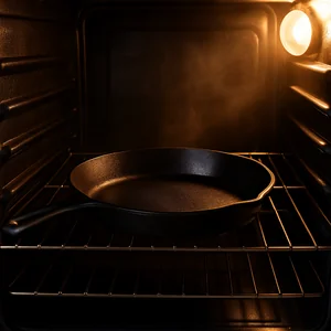 An empty cast-iron skillet sits in a glowing oven.