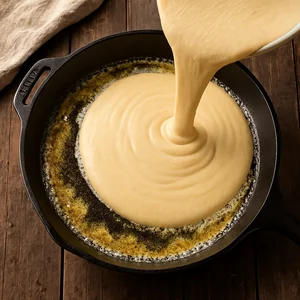 Cornbread batter fills a hot skillet and starts to sizzle.