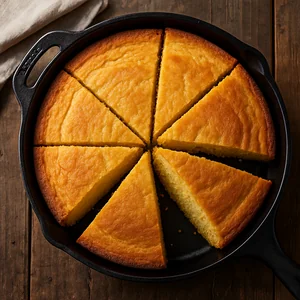 Cornbread wedges rest in the skillet with a golden crumb.