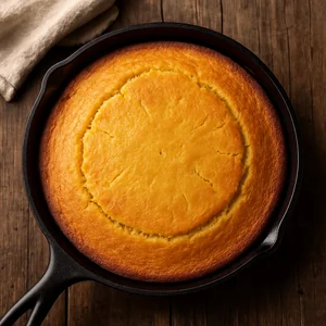 Golden-brown cornbread bakes in a cast-iron skillet.