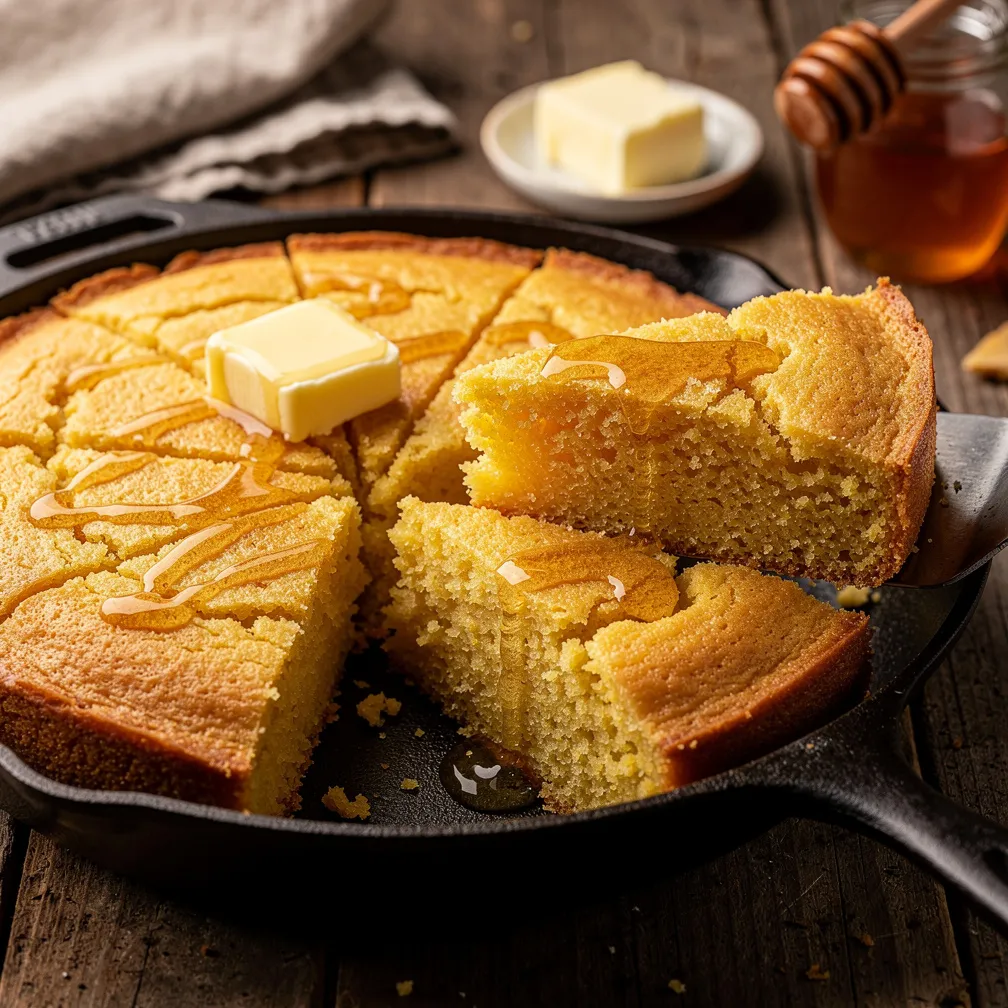 Golden brown skillet cornbread sliced into wedges with melting butter on top