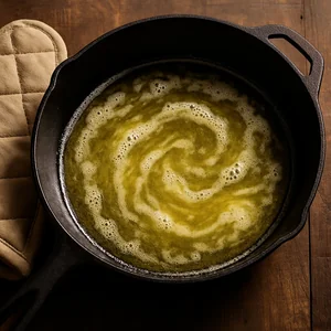 Melted butter coats the bottom and sides of a hot skillet.