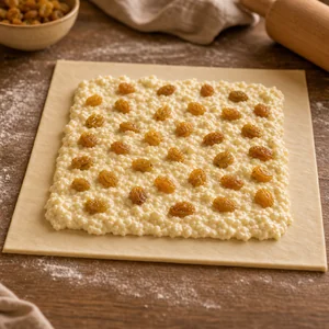 Recheio de queijo cottage e passas na massa folhada