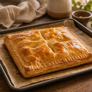 Tarte de massa folhada dourada no tabuleiro