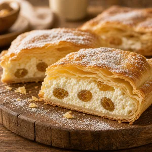 Tarte de massa folhada fatiada com recheio cremoso e passas