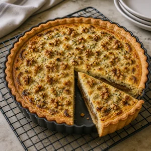 Baked gorgonzola and caramelized onion tart sliced after cooling