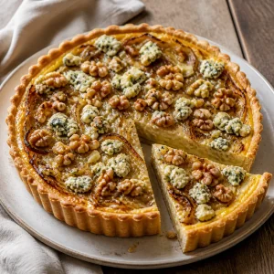 Finished gorgonzola cheese tart with caramelized onions and walnuts in a flaky crust