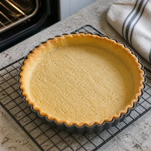 Lightly baked fork-pricked tart shell in a fluted tart pan
