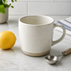 Roomy microwave-safe mug ready for lemon cake
