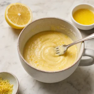 Smooth lemon batter mixed in a mug