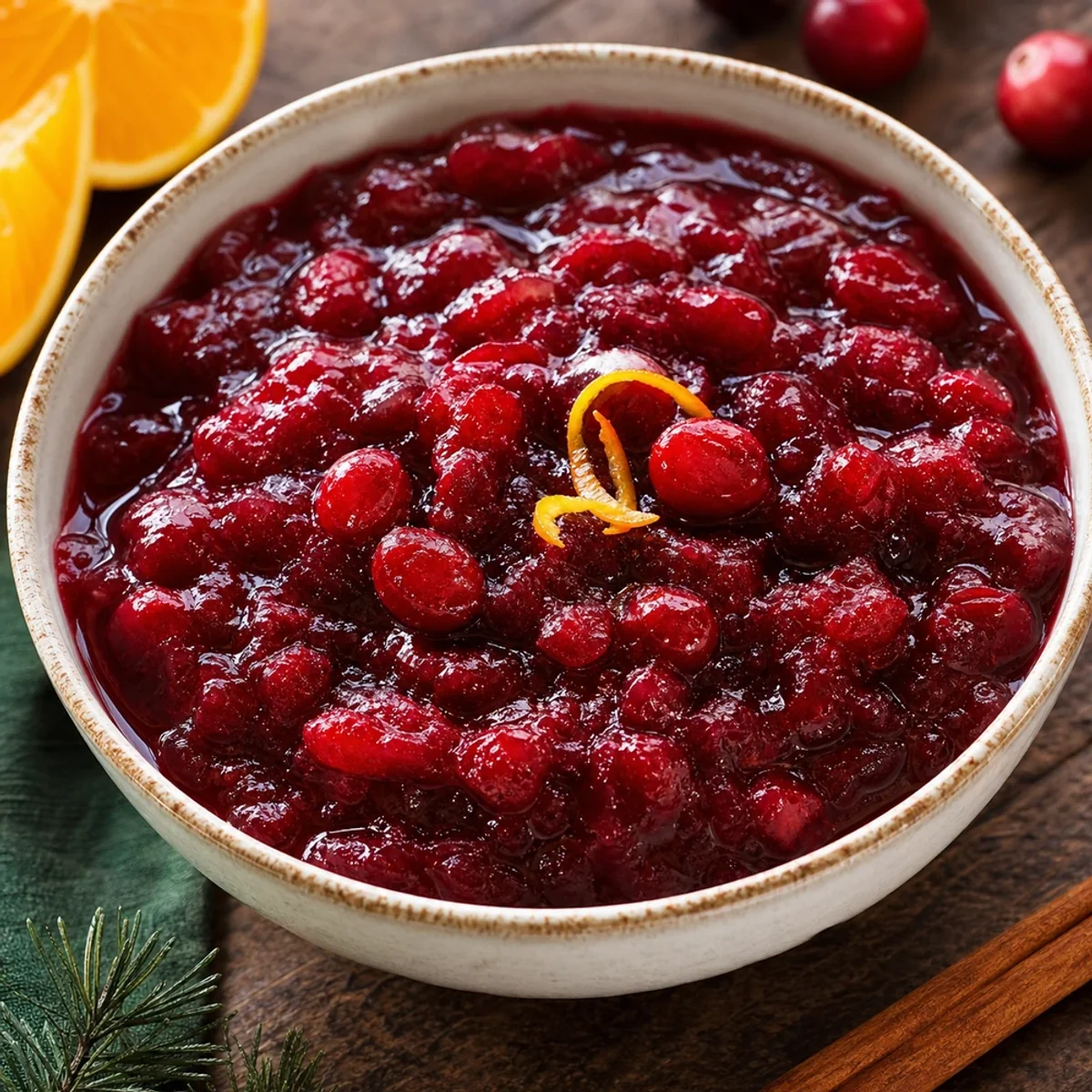 Bol de sauce aux cranberries à l’ancienne brillante avec baies entières, zeste d’orange et cannelle.