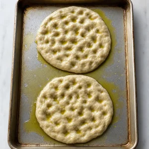 Dimpled focaccia dough rounds on a baking sheet