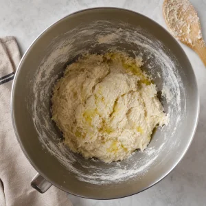 Flour and olive oil mixed into a shaggy focaccia dough