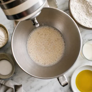 Foamy yeast mixture in a stand mixer bowl