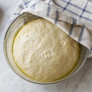 Focaccia dough risen in an oiled bowl