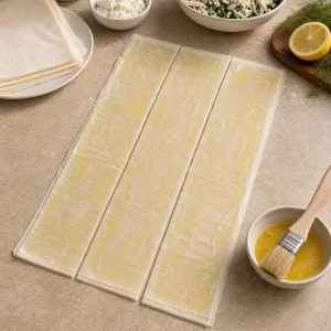 Buttered filo sheets cut into long strips