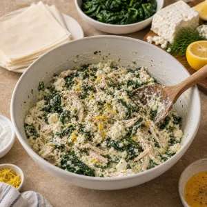 Chicken feta and spinach filling mixed in a bowl