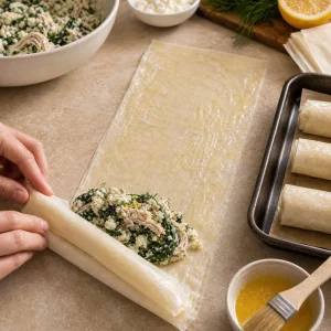 Chicken spinach filling rolled into buttered filo