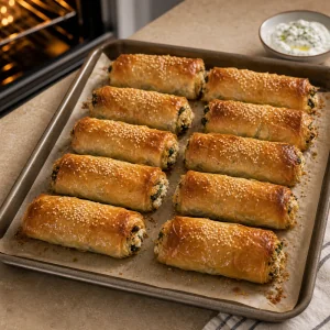 Golden baked filo rolls resting on a tray