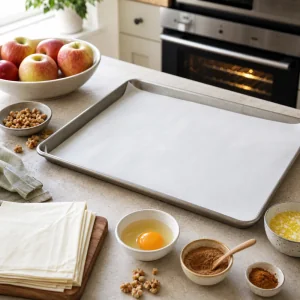 Parchment-lined baking sheet ready for filo rolls
