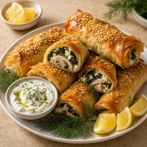 Served chicken filo rolls with lemon yogurt dip
