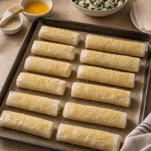 Unbaked filo rolls brushed with butter and sesame