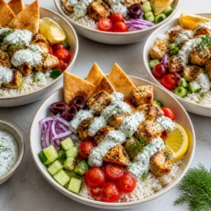 Bowls gregos de souvlaki de frango montados com arroz, legumes, azeitonas, tzatziki, endro e pita crocante