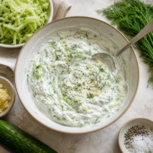 Tzatziki cremoso misturado com iogurte grego, pepino ralado, alho, endro, sal e pimenta