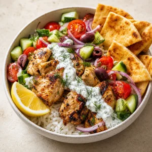 Bowl grego de souvlaki de frango pronto com tzatziki, arroz, legumes, azeitonas, endro, limao e pita crocante