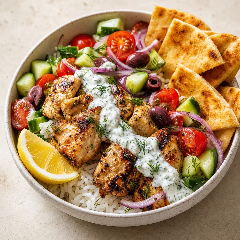 Bowl grego de souvlaki de frango pronto com tzatziki, arroz, legumes, azeitonas, endro, limao e pita crocante