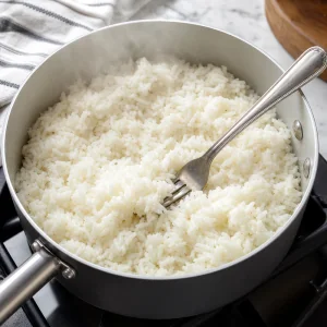 Arroz branco cozido e soltinho sendo afofado com um garfo na panela