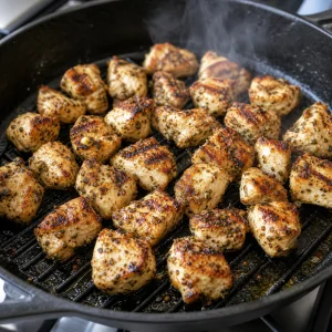 Pedaços de frango marinado chiando na grelha ate dourar e cozinhar por completo