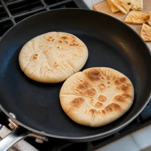 Pao pita aquecendo em uma frigideira seca com pontos levemente tostados
