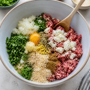 Ground beef mixed with feta, herbs, breadcrumbs, egg and lemon zest